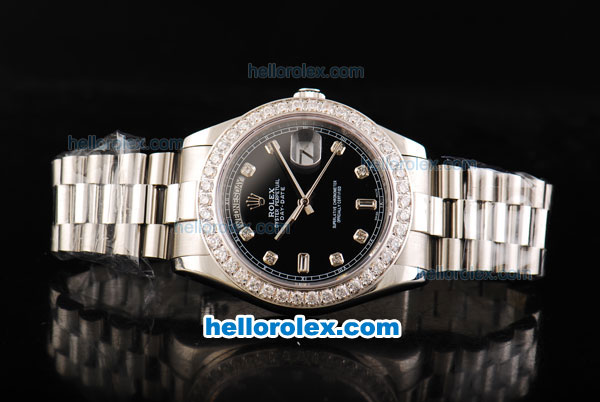 Rolex Day Date II Automatic Movement Full Steel with Diamond Bezel-Diamond Markers and Black Dial - Click Image to Close